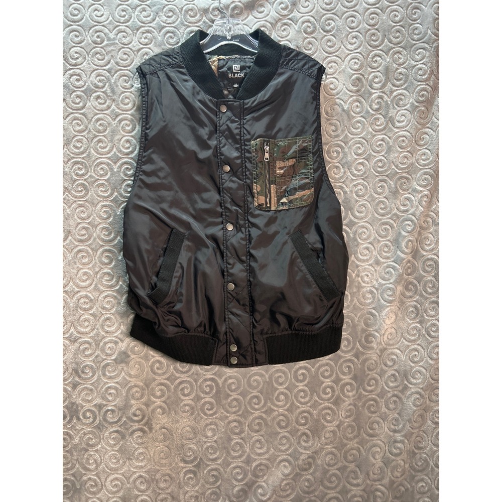 Mens BLACK XL Bomber Vest Sleeveless Camo Pocket Quilted Lined‎ Full Zip Up